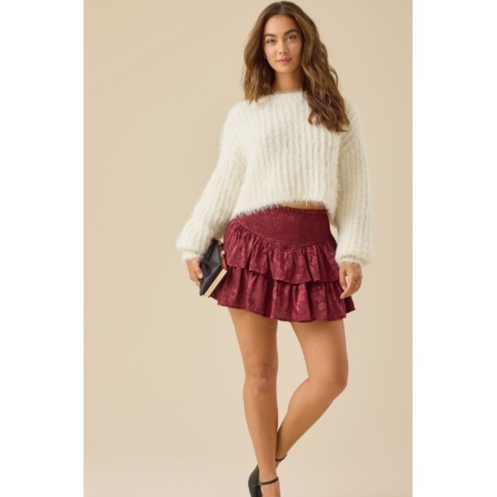 Mustard See Tiered Mini Skort Skirt Women M Burgundy Metallic Smocked Flowy NWT